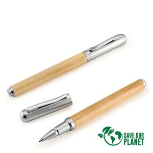 Roller Pen Ejecutivo de Madera de Bamboo con tapa metálica satinada, tinta negra.